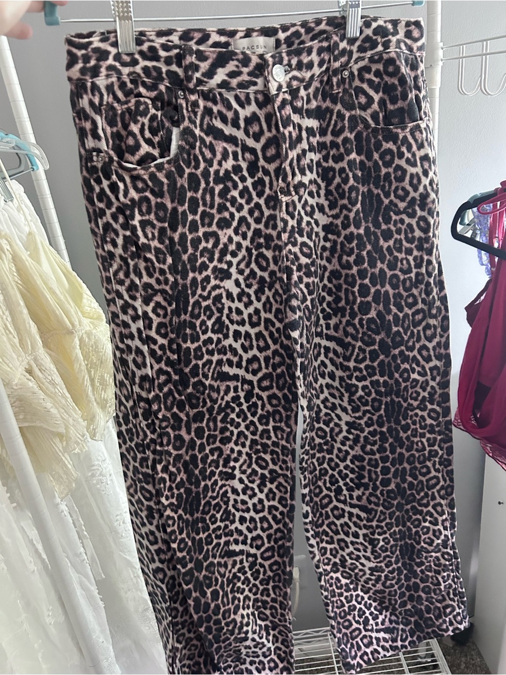 PacSun Pink & Black Leopard Print Cropped Wide-Leg Jeans - Picture 1 of 4